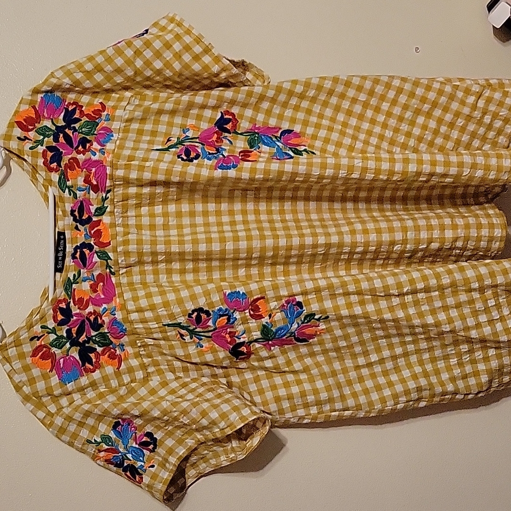 See and Be Seen + yellow checkered embroidered blouse